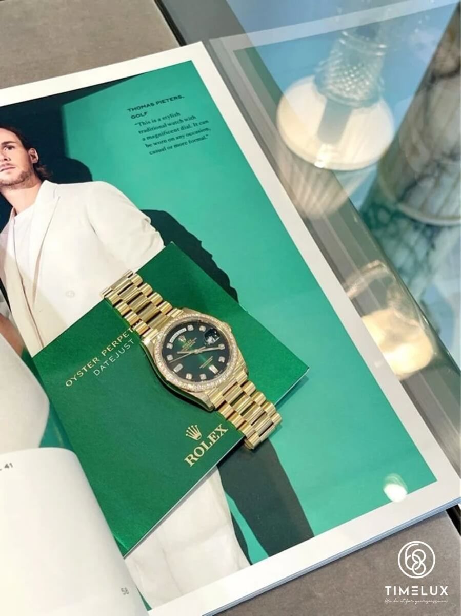 Đồng hồ hợp mệnh Hoả Rolex Day Date Yellow Gold Green 36mm