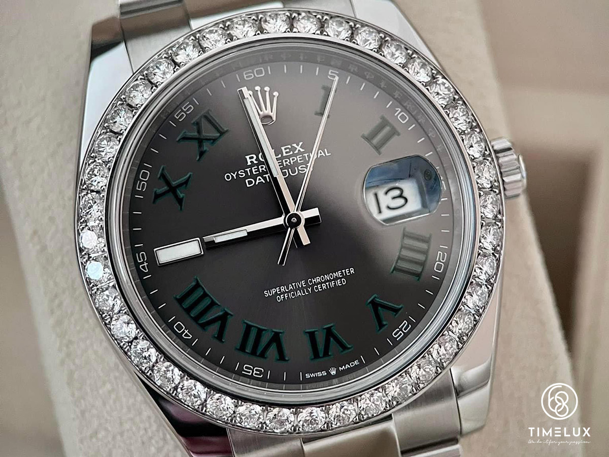 Rolex 126300 Slate Grey Wimbledon Dial Custome Pave Diamond Bezel 41mm